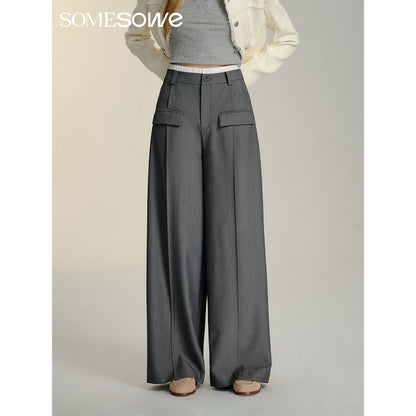 SomeSowe Contrast Color Stitching Wide-Leg Suit Pants Gray