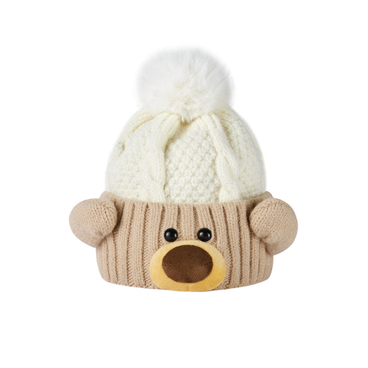 13De Marzo Bear Fuzzy Snowball Knit Beanie Beige