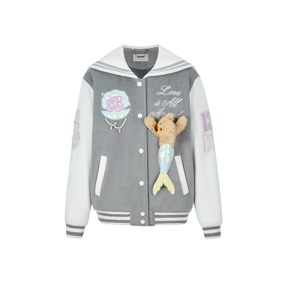 13De Marzo Sailor Collar Doozoo Mermaid Baseball Jacket Gray