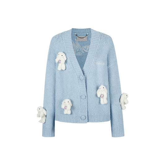 13De Marzo Drilled Bear V-Neck Knit Cardigan Light Blue