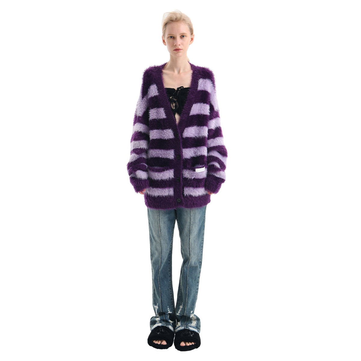 Ann Andelman Color Blocked Striped Woolen Cardigan Purple