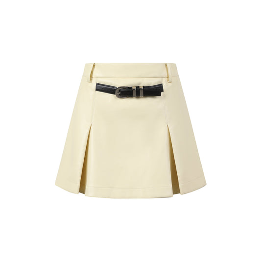 Three Quarters Detachable Belt Leather Skirt Cream