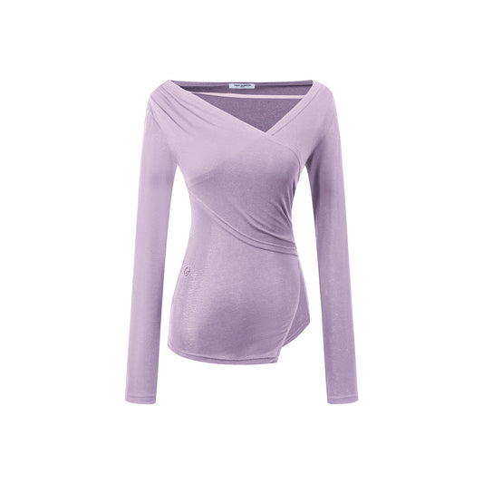 Three Quarters Wrinkled Knit Slim Top Purple