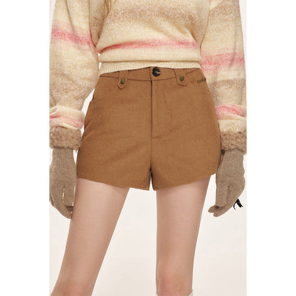 Kroche High Waist Woolen Tweed Shorts Brown