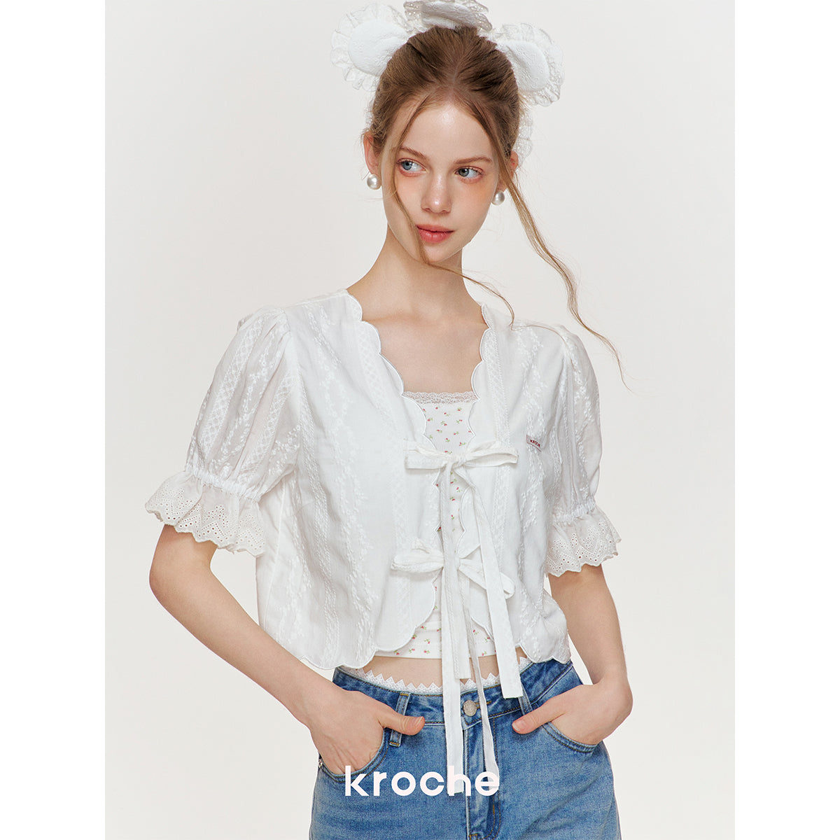 Kroche Lace Bow Lace Up Shirt Top White