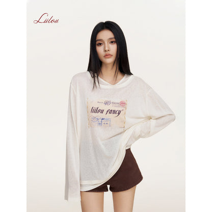 Liilou Stamp Printed Fake-2-Piece Irregular Top Cream