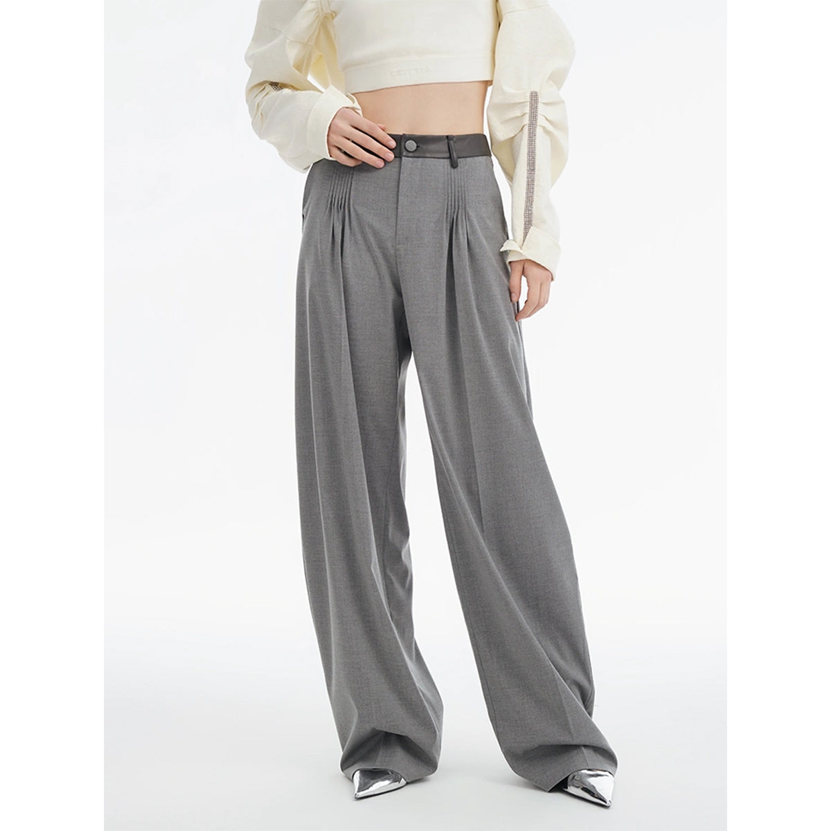 Cottia Leather Stitching Wide-Leg Pleated Pants Grey