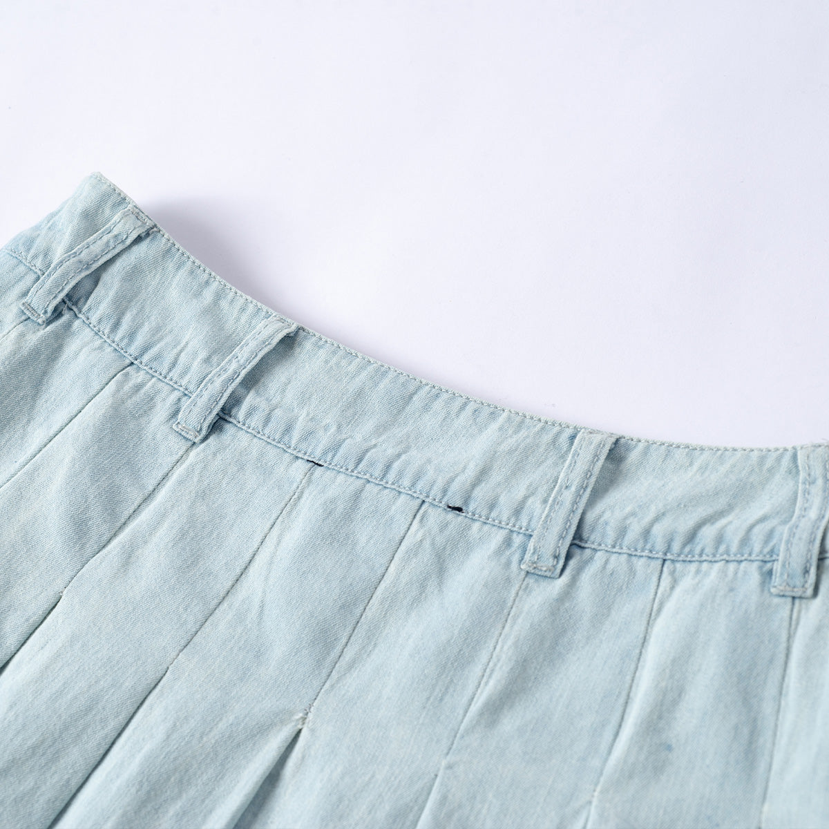 Three Quarters Pleated Denim Skirt Blue