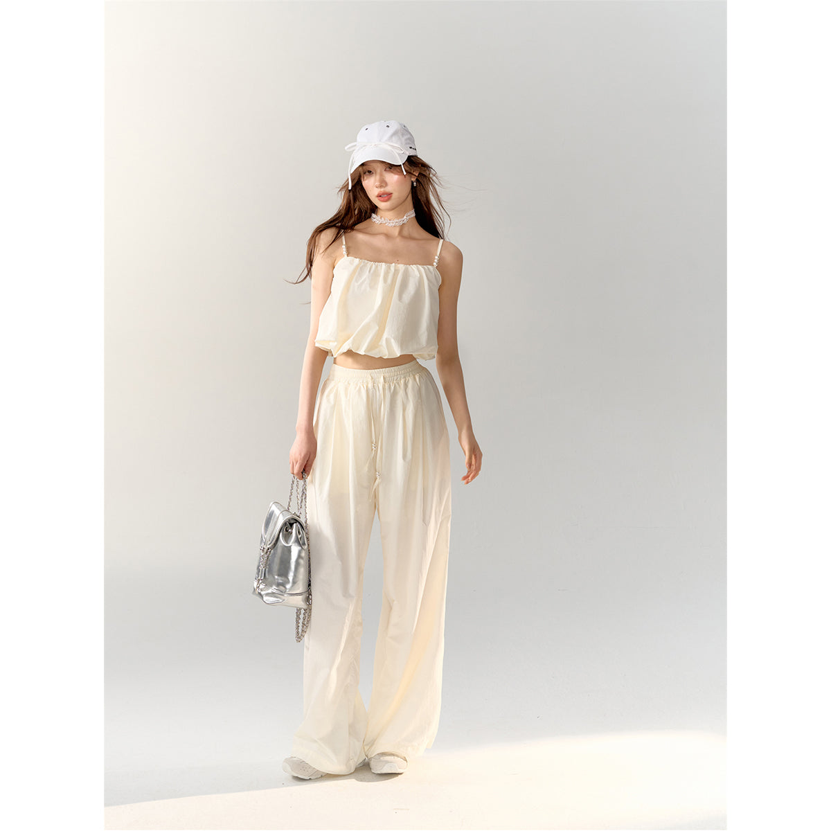 AsGony High Waist Drawstring Wide Leg Pants Beige