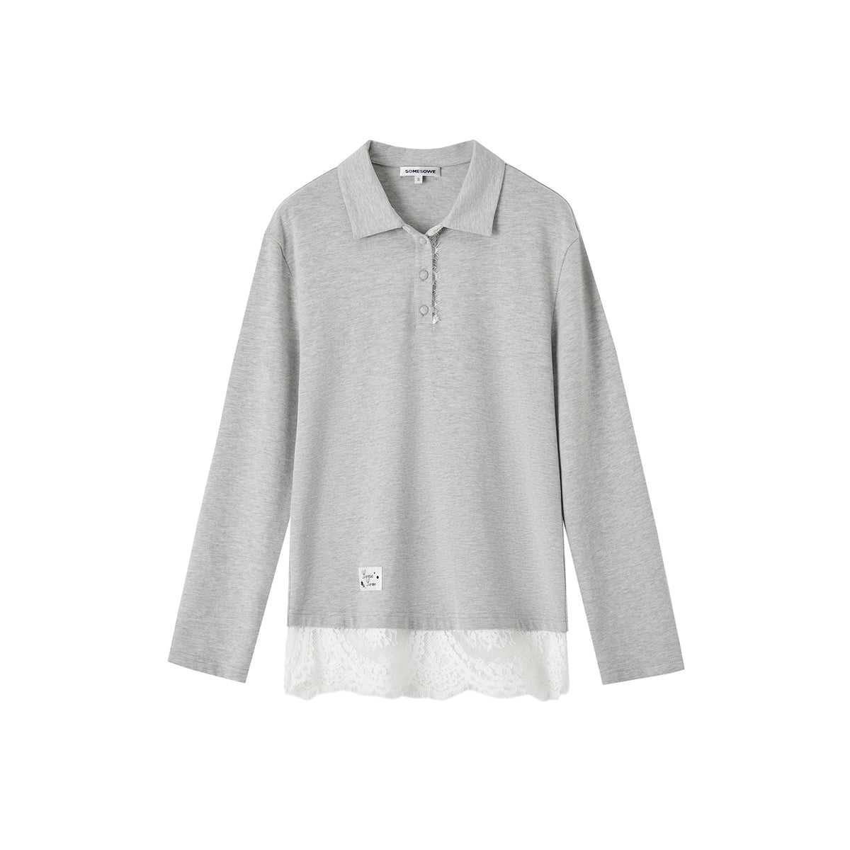 SomeSowe Lace Patchwork Polo Long Sleeve T-Shirt Gray