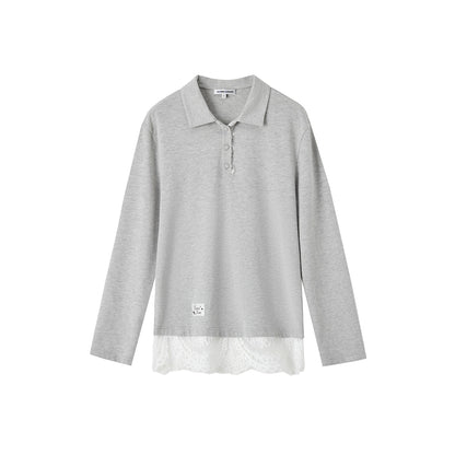 SomeSowe Lace Patchwork Polo Long Sleeve T-Shirt Gray