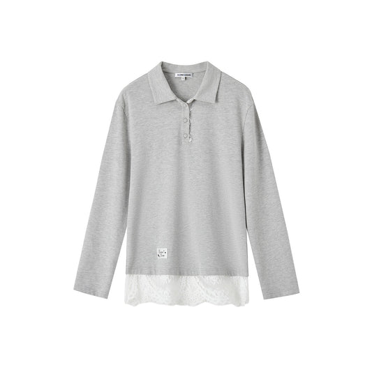 SomeSowe Lace Patchwork Polo Long Sleeve T-Shirt Gray