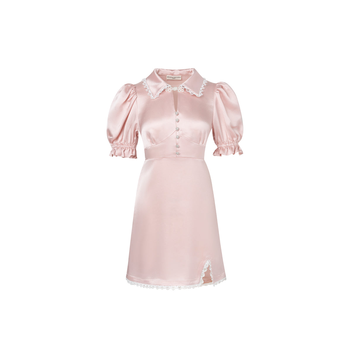 Diana Vevina Puff Sleeve Rhinestone Button Silk Dress Pink