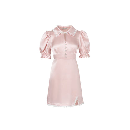 Diana Vevina Puff Sleeve Rhinestone Button Silk Dress Pink