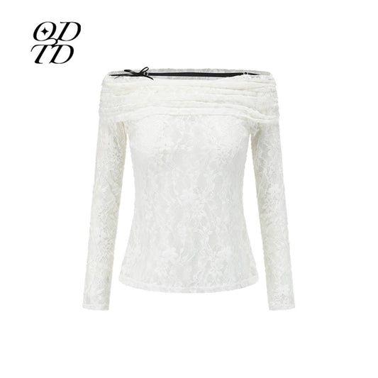 ODTD Off-Shoulder Cutout Lace Top White