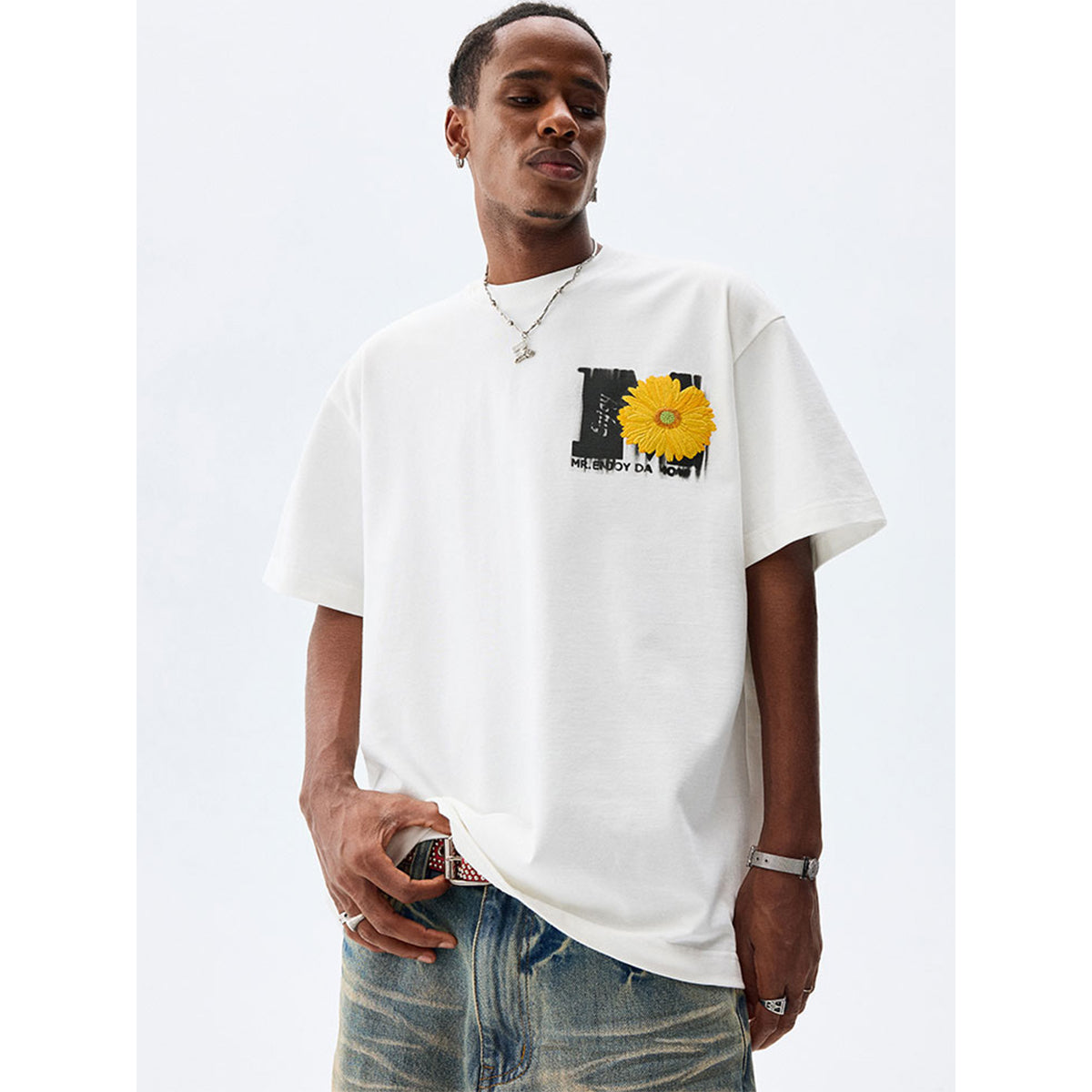 MEDM Mottled Logo Floral Embroidery Tee White