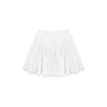 AsGony Lace Edge High Waist Puffy Skirt White