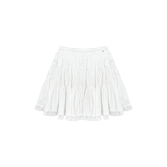 AsGony Lace Edge High Waist Puffy Skirt White