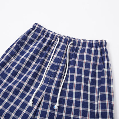 SomeSowe Drawstring Plaid Wide-Leg Pants Blue