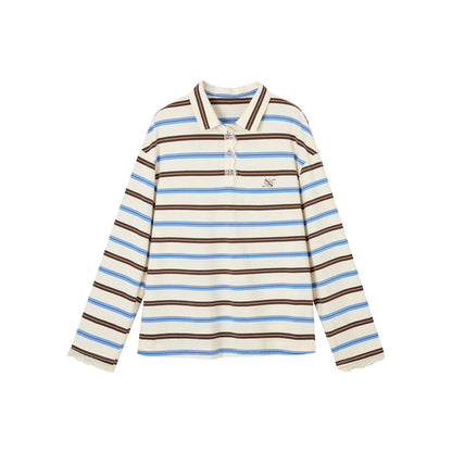 SomeSowe Lace Patchwork Striped Polo Long Sleeve T-Shirt