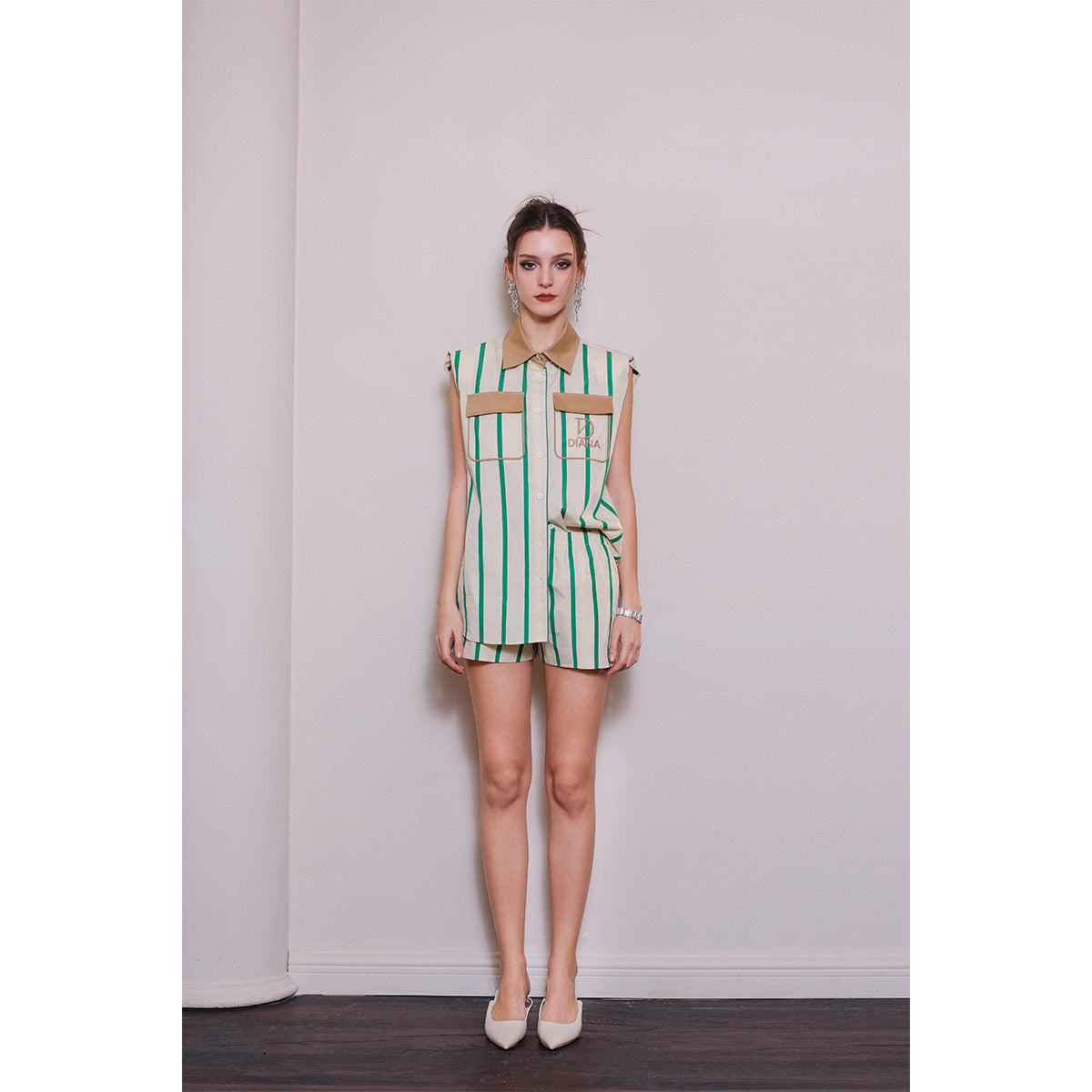 Diana Vevina Color Blocked Striped Shorts Green