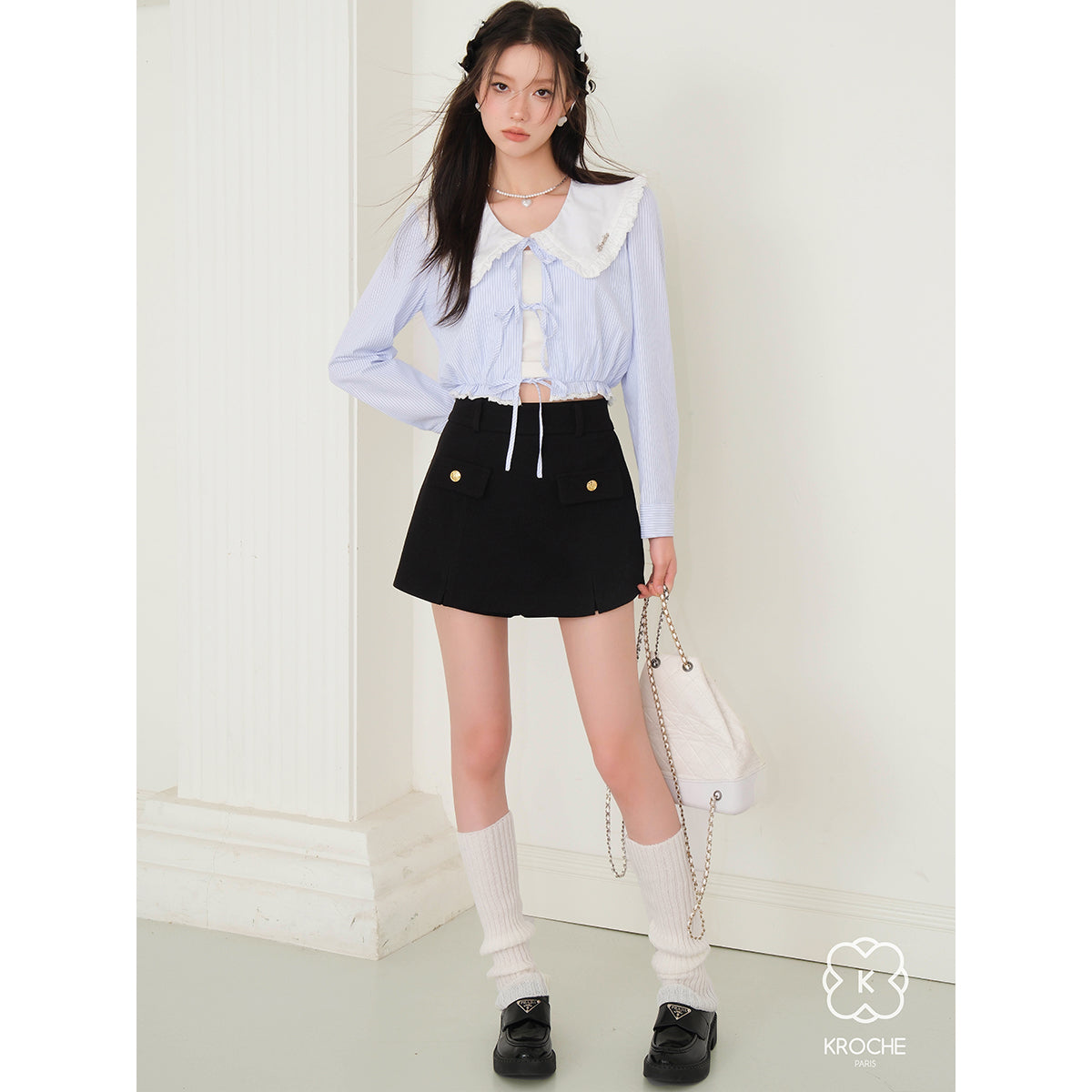 Kroche Doll Collar Hollow-Out Crop L/S Shirt Top