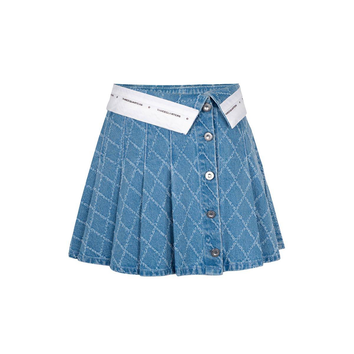 Three Quarters Checkered Flip Edge Pleated Denim Skirt