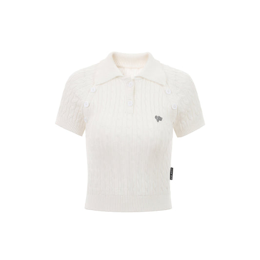 Via Pitti Logo Embroidery Button Knit Polo Top White