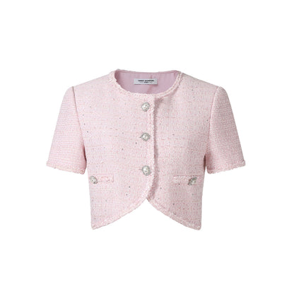 Three Quarters Woolen Tweed Irregular Cutting Jacket Pink