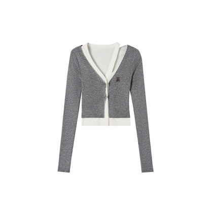 Via Pitti Fake-2-Piece Hollow Out Knit Short Cardigan Grey