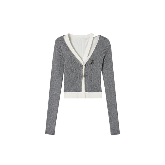 Via Pitti Fake-2-Piece Hollow Out Knit Short Cardigan Grey