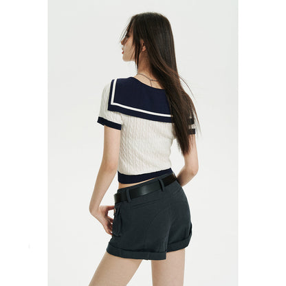 Via Pitti Embroidery Logo Sailor Collar Knit Crop Top White