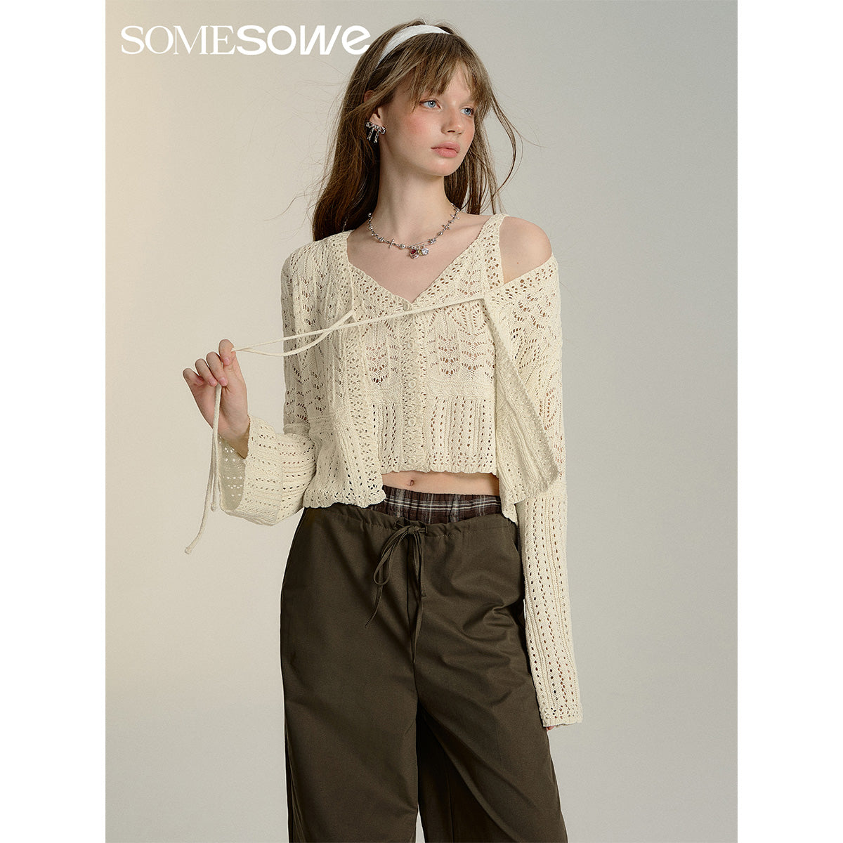 SomeSowe Hollow Out Crochet Knit Cardigan And Slip Vest Set