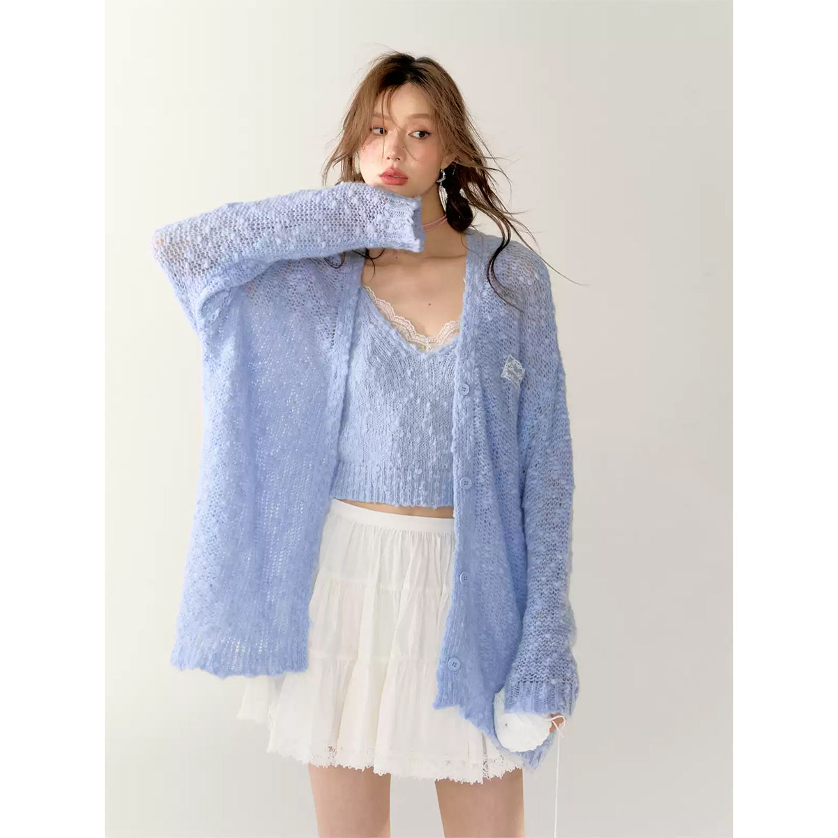 AsGony Lace Patchwork Knit Slip Vest Blue