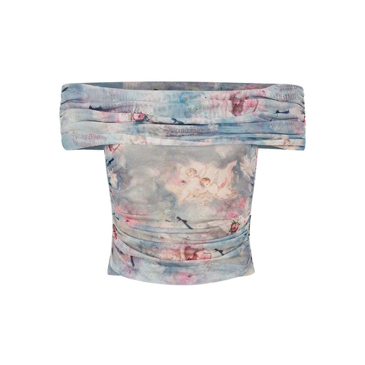 Via Pitti Angel Printed Gauze Off Shoulder Top