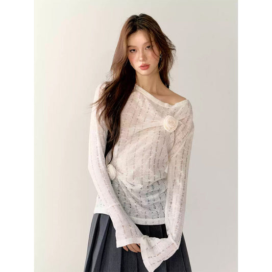 AsGony 3D Flower Hollow Cutting Knit Top White