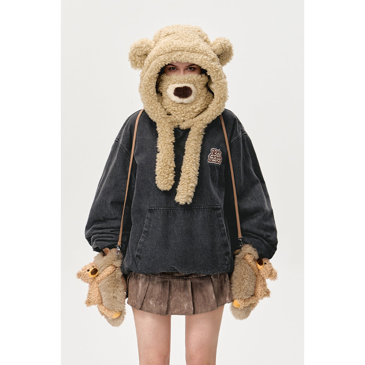 13De Marzo Detachable Bear Mask Padded Hoodie Black