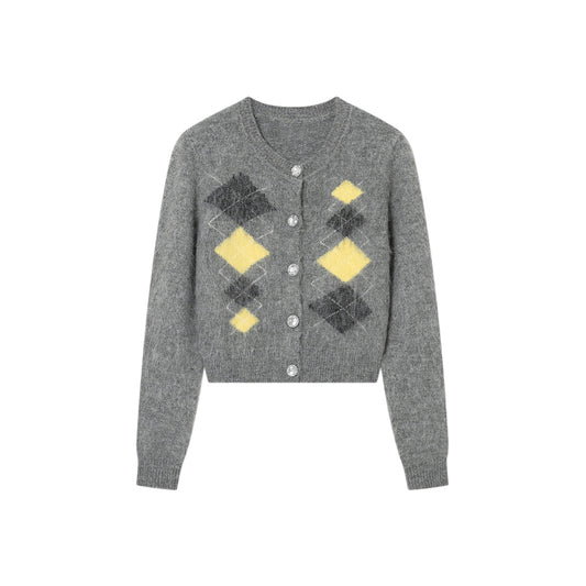 SomeSowe Color Blocked Checkered Woolen Cardigan