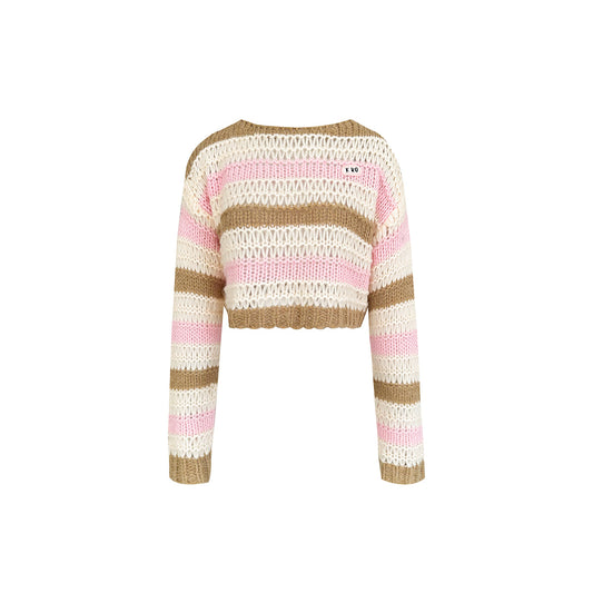 Kroche Color Blocked Striped Hollow Knitted Sweater