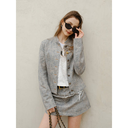 Marc Moore Retro Denim Printed Short Jacket Grey