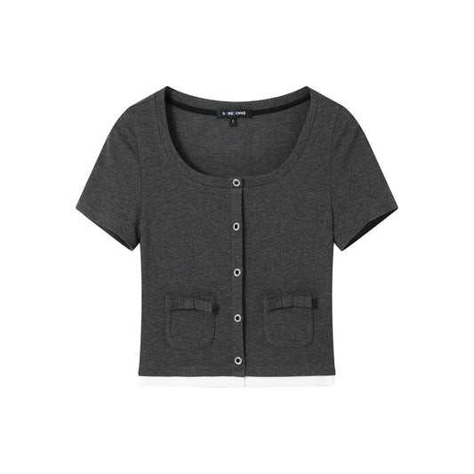 SomeSowe Bow Pockets Slim Fit Top Grey