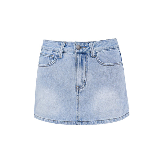 Liilou Retro Washed Denim Short Skirt Blue