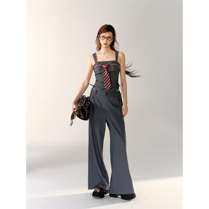 AsGony Double Waist Patchwork Striped Suit Pants