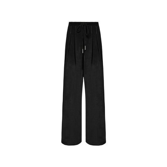 AsGony Stitching Drawstring Wide-Leg Suit Pants Black