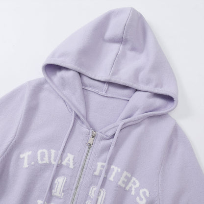 Three Quarters Letter Embroidery Hooded Jacket Purple