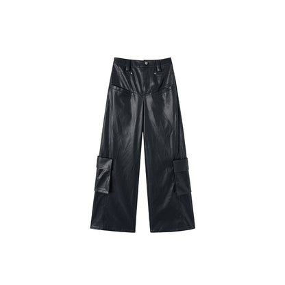 Via Pitti 3D Large Pocket Wide-Leg Leather Pants Black