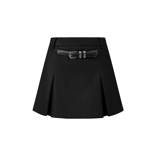 Three Quarters Detachable Belt Leather Skirt Black