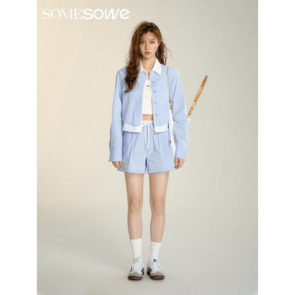 SomeSowe Folded Fake-2-Piece Striped Short Shirt