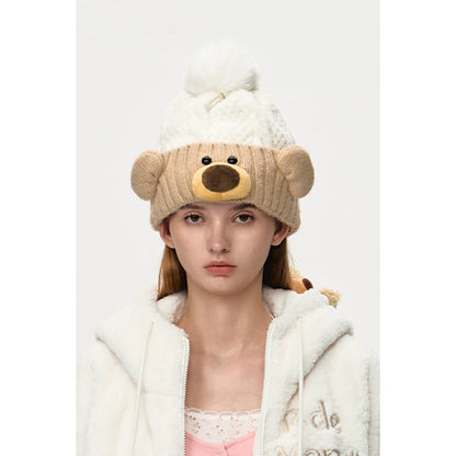 13De Marzo Bear Fuzzy Snowball Knit Beanie Beige