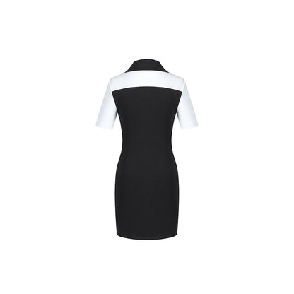 Three Quarters V-Neck Collar Colour Blocked Dress